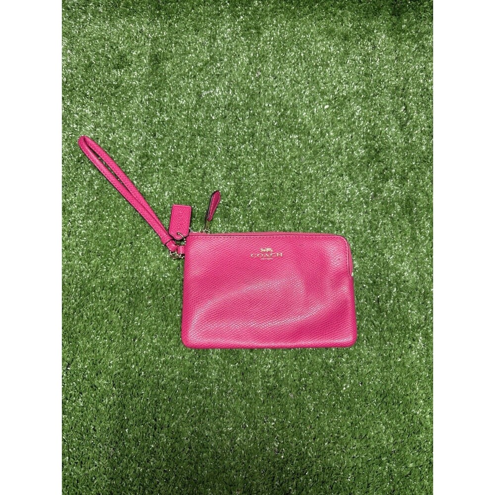 Womens Coach Corner Zip Wristlet in Pink Magenta Crossgrian Leather Wrist Strap